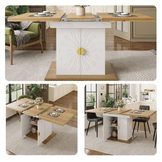 Merax Extendable Dining Table with Storage Cabinet Base in White