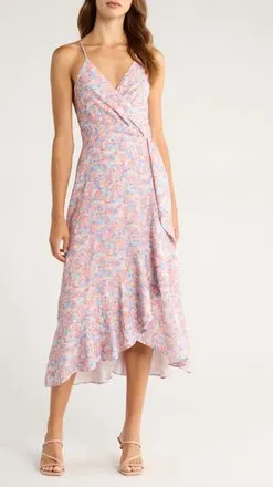 Chelsea28 Faux Wrap Midi Dress in Pink- Blue Floral at Nordstrom Rack, Size Xx-Small