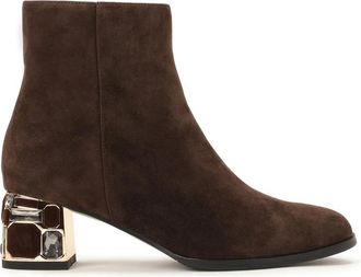 Kazar Bruine Su&egrave;de Enkellaarsjes met Versierde Hak - Dames - Laarzen met Hak - Bruin - 42 EU - Su&egrave;de - Schoenen