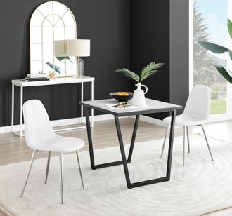 Furniturebox Carson White Marble Effect Square Dining Table & 2 Faux Leather Corona Silver Chairs