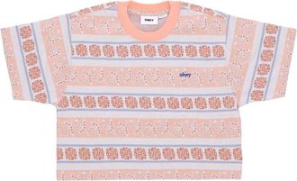 Obey Gestreepte Crop Tee Perzik Zand Multi - Dames - T-shirts - Veelkleurig - M - Katoen - Tops
