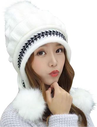 Generic Women Winter Beanie Hat with Pompoms with Pompoms Ski Snow Ear Flaps Sherpa Knit Thick Warm Soft Hats for Cold Weather (Adult Size,White)