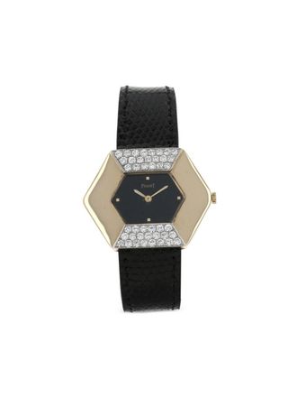 Piaget 1980 pre-owned Vintage 35mm - women - Calf Leather/Yellow Gold/Crystal/Mineral Glass - One Size - Black