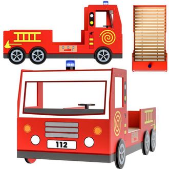 Deuba Letto per bambini lettino design Vigili del fuoco stile pompieri 200x90 cm legno con rete a doghe ruote 3D sirena e manubrio