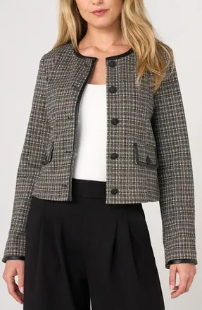 Liverpool L.A. Check Collarless Jacket with Faux Leather Trim in Black Tan Mountain Check at Nordstrom, Size X-Small