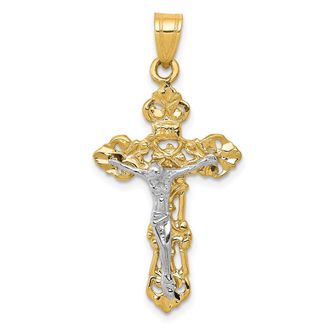Diamond2Deal 14k Two-tone Gold Fleur De Lis Crucifix Pendant