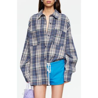 Lioness Clarity Plaid Cotton Flannel Button-Up Shirt in Ash Plaid at Nordstrom, Size X-Large