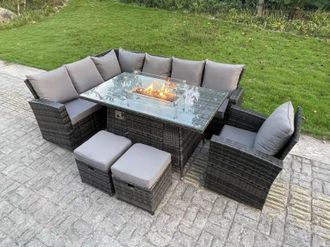 Fimous High Back Rattan Sets Gas Fire Pit Dining Table Heater Sofa 9 Seater in Dark Grey