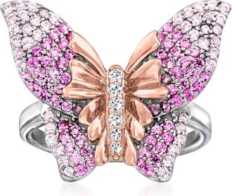 Ross-Simons Simulated Pink Sapphire Butterfly Ring With CZ Accents in 2-Tone Sterling Silver