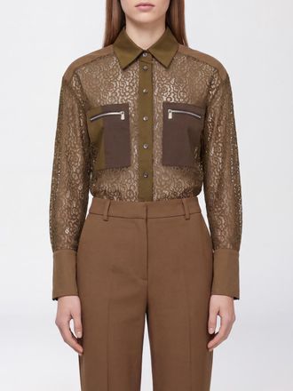 Pinko Long-Sleeved Lace Shirt with Classic Collar and Zipped Pockets