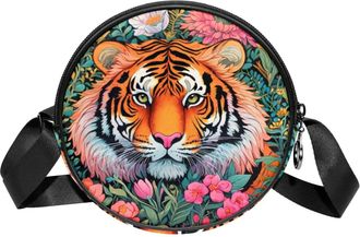 Generic Circle Crossbody Bag for Women, Tiger Flower Small Sling Bag Daypack with Zipper Adjustable Shoulder Straps Casual Ladies Girls Round Purse