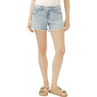 Silver Jeans Co Elyse Curvy Frayed Mid Rise Denim Shorts in Crystal Cove at Nordstrom, Size 32