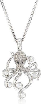 Ross-Simons 3.5-4.5mm Cultured Pearl and. Diamond Octopus Pendant Necklace in Sterling Silver