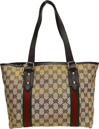 Gucci Sherry Line Beige Brown Canvas Leather Tote Bag (Pre-Owned)