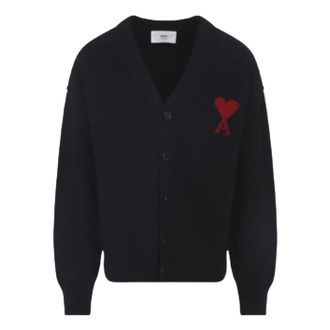 Ami Big Heart Logo Felt Merino Wool Cardigan Black Red UKC367-018-009