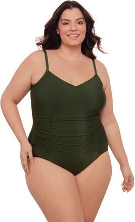 Aqua Green Plus Size Princess Seam V-Neck Side Shirred Adjustable One-Piece Swimsuit in Malachite at Nordstrom, Size 1X