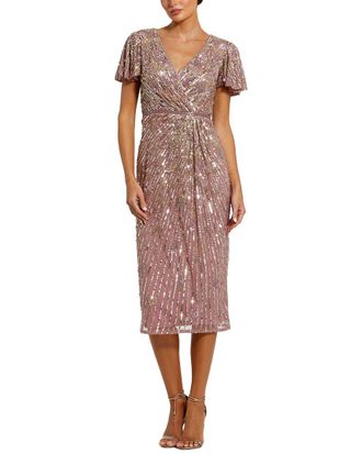 Mac Duggal Sequin Mesh V Neck Flutter Sleeve Midi Dress