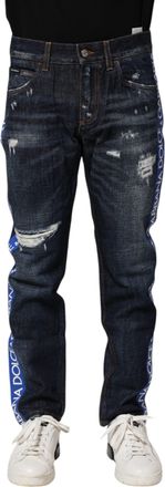 Dolce & Gabbana Mens Distressed Logo Jeans - Dark Blue Cotton - Size EU 44 (Mens)