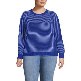 Lands End Plus Size Drifter Raglan Pointelle Crew Neck Sweater in Lapis/ivory Mini Stripe at Nordstrom, Size 2X