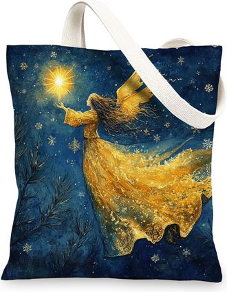Generic Whimsical Christmas Angel Canvas Tote Bag for Shopping 13x15, Magic Xmas Snow Scenic Reusable Grocery Print Bag for Women Men, Holiday New Year Aesthe