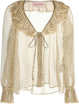 Valentino Garavani Polka Dot Ruffle Neck Tie Blouse - Dames - Blouses - Veelkleurig - XS - Overhemden