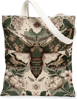 Generic Moth Canvas Tote Bags, Floral Pattern Reusable Grocery Bags, Eco-Friendly Washable Shoulder Strap Canvas for Travel Beach P, Green, 13x15 Inch