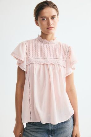 H&M Lace-trimmed Flutter-sleeved Blouse in Light Pink at Nordstrom, Size X-Small