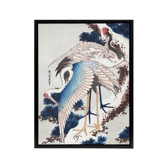 Artery8 Cranes On A Snowy Tree Framed Canvas Wall Art Print Katsushika Hokusai in Blue | Size: W24 x H32