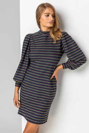 Roman Shimmer Stripe High Neck Dress