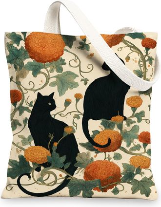 Generic Cat Floral Canvas Tote Bags, Elegant Vintage Cat Pattern Reusable Shopping Bags, Lightweight Washable Eco-Friendly Canvas B, Black, 13x15 Inch