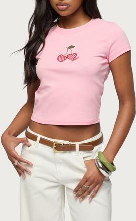 Edikted Cherry Crush Appliqu&eacute; Baby Tee in Light-Pink at Nordstrom, Size X-Small