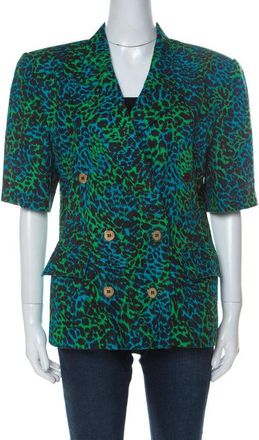 Escada Bicolor Leopard Print Cotton Short Sleeve Double Breasted Blazer