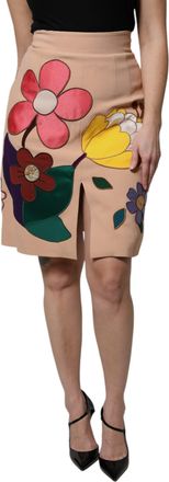 Dolce & Gabbana Beige Floral High Waist Pencil Cut Womens Skirt
