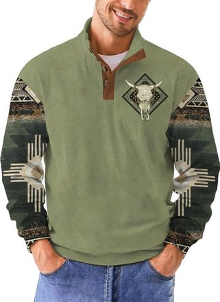 Generic Christmas Sweatshirts for Men Fashion Xmas Graphic Print Long Sleeve Sweatshirt Stand Collar Button Slim Pullover Tops