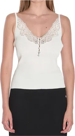 Self Portrait Ribgebreide Camisole met kanten rand - Dames - Tops - Wit - Maat: M Viscose