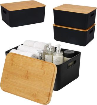 Relaxdays Relaxdays storage boxes, set of 2, lid, plastic & bamboo, handles, organiser, HxWxD: 16x36x25 cm, black