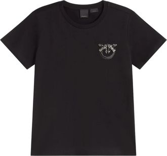 Pinko Love Birds Geborduurd T-shirt - Dames - T-shirts - Zwart - L - Katoen - Tops