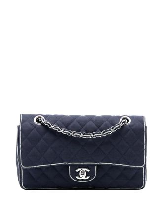 Chanel Borsa a spalla Double Flap media in gros-grain con stampa 2014 - Blu
