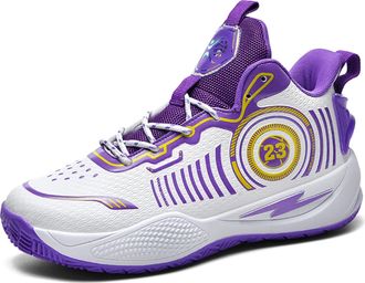 Generic Mens Basketball Shoes High Top Anti Slip Shock-Absorbing Running Fashionable Durable Training Boots Walking Shoes(White-Purple-1,3.5 UK)