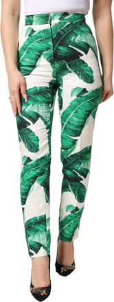 Dolce & Gabbana White Green Leaf High Waist Trousers Womens Pants