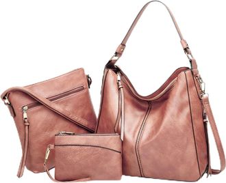 Generic Luxury Leather 3-Piece Hobo Bag Set, Soft Anti-Theft Crossbody Purse and Wallet Set, Shoulder Handbag for Women (Pink)