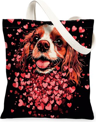 Generic Valentines Day Dachshund Dog Canvas Tote Bag for Shopping 13x15, Fun Heart Puppy Reusable Grocery Print Bag for Women, Pet Beach Aesthetic Painting Gi