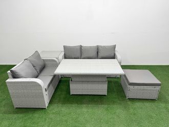 Fimous 6 Seater PE Rattan Wicker Garden Furniture Patio Conservatory Sofa Set w/ Adjustable Lifting Dining or Coffee Table 3 Seater Sofa Love Sofa