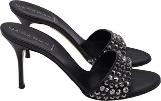 Casadei Crystal-Embellished Slide Sandal Heels in Black Leather