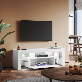 Sonni Sonni - Mueble Tv Blanco Brillo Con Luces Led 12 Colores Mesa De Sal&oacute;n Para Tv Estantes Cristal Y Puerta Abatible 130 Cm