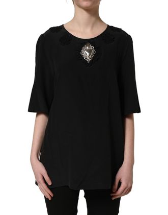 Dolce & Gabbana Black Floral Silk Heart Appliqu&eacute; Blouse Womens Top