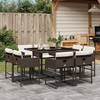 vidaXL Vidaxl - Set Comedor Para Jard&iacute;n 9 Pzas Y Cojines Rat&aacute;n Sint&eacute;tico Marr&oacute;n