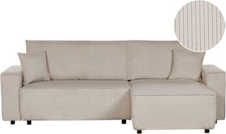 Beliani Beliani - Fabric Jumbo Cord Left Hand Corner Sofa Sleeper Function Pull Out Cushioned Back Extra Throw Pillows Beige Abacka