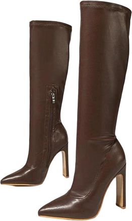 Generic Women Knee High Boots Soft Leather Pointed Toe Square Heel Wedding Party Winter Boot