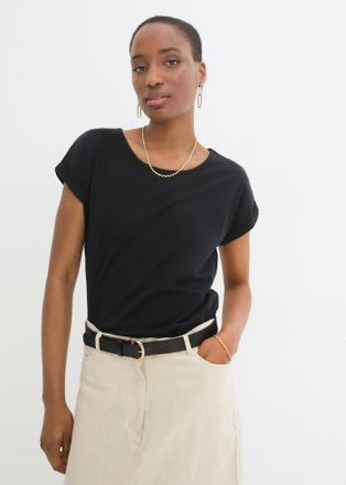 Bonprix T-Shirt BONPRIX, Damen, Gr. 52/54 (XXL), schwarz, Jersey, Obermaterial: 85% Baumwolle, 15% Seide, unifarben, oversize Po-bedeckend, Rundhals, angeschn